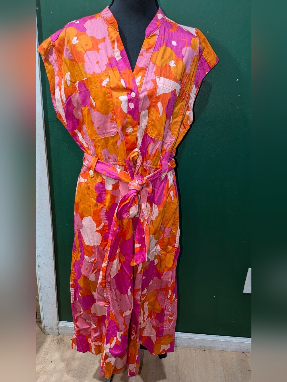 Vibrant Pink & Orange Tie-Waist Shirt Dress